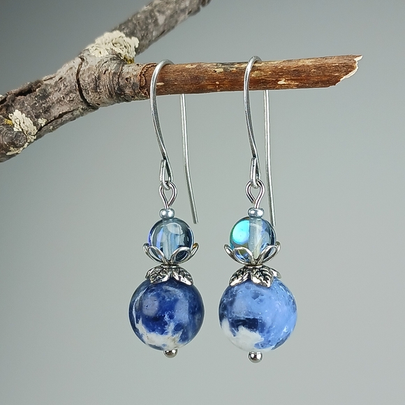 Earth Art hand crafted artisan Jewelry - HAND CRAFTED Sodalite Blue Glass Silver Dangle Earrings